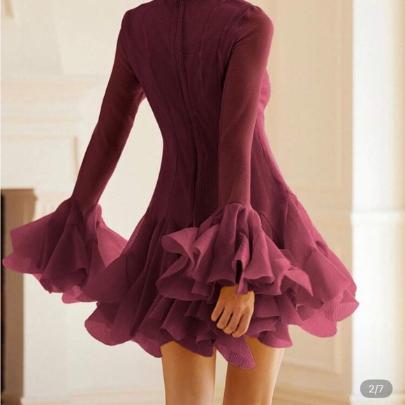 Burgundy Elegant Plum Ruffle Dress - Picture 2 of 2
